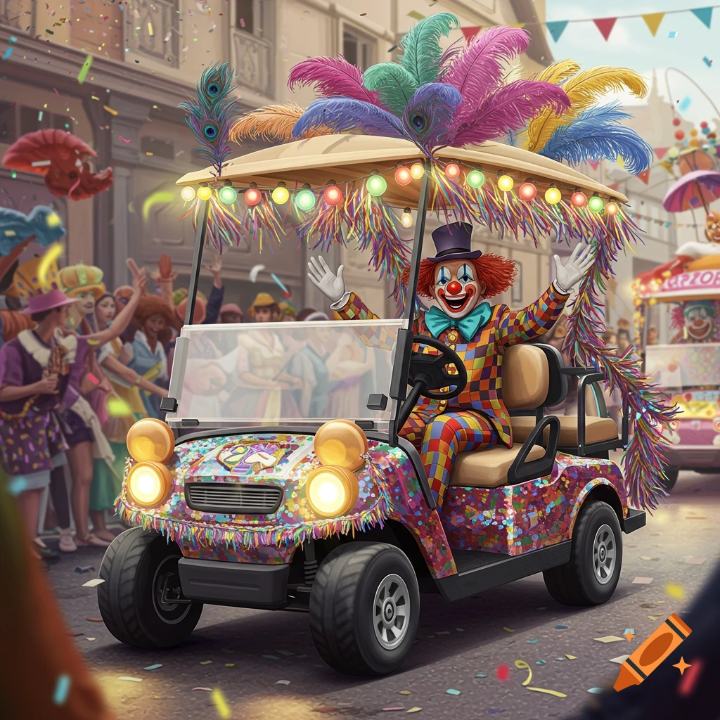 A colorful clown in a harlequin suit drives a decorated golf cart during a festive carnival parade, waving at the crowd.
