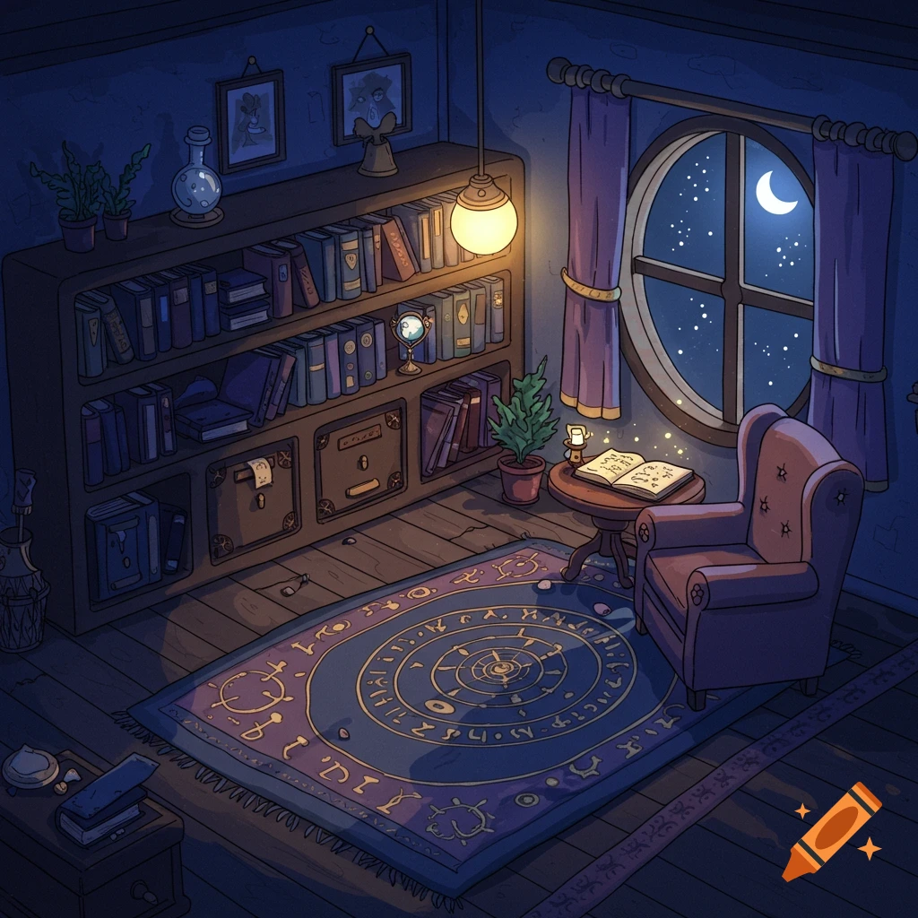 A dark cartoon wizard's study with a large bookshelf, a round window showing a starry night and crescent moon, an armchair, and an open glowing book on a small table. A patterned rug covers the floor.