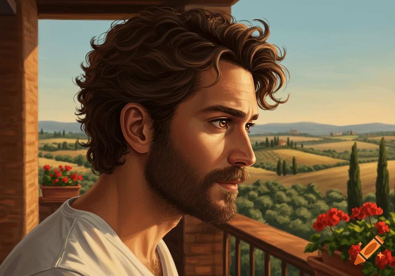 An illustrated portrait of a man with curly brown hair and a beard, looking out from a balcony over a serene, hilly landscape.