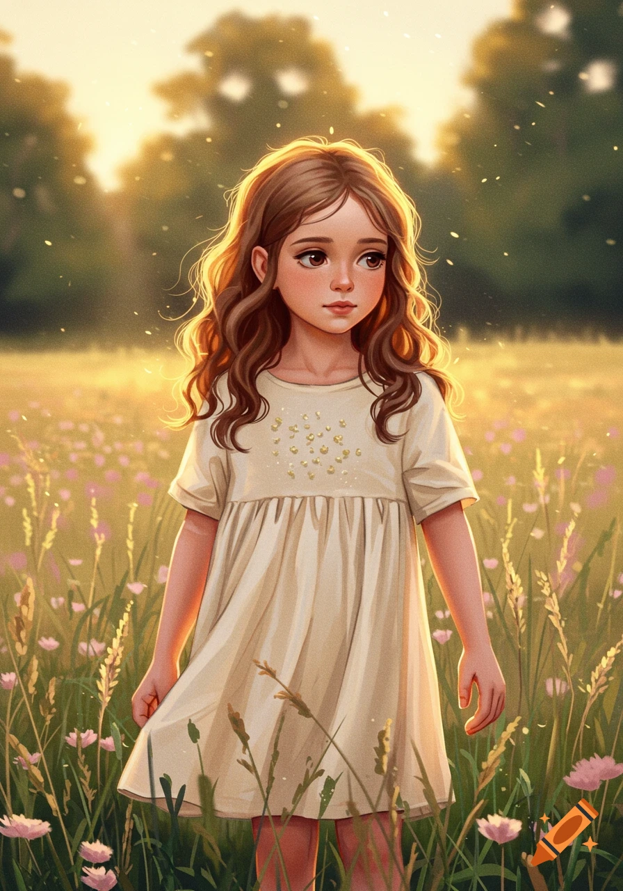 Digital art of a young girl with long brown hair in a cream dress, standing in a sunny field with flowers and tall grass.