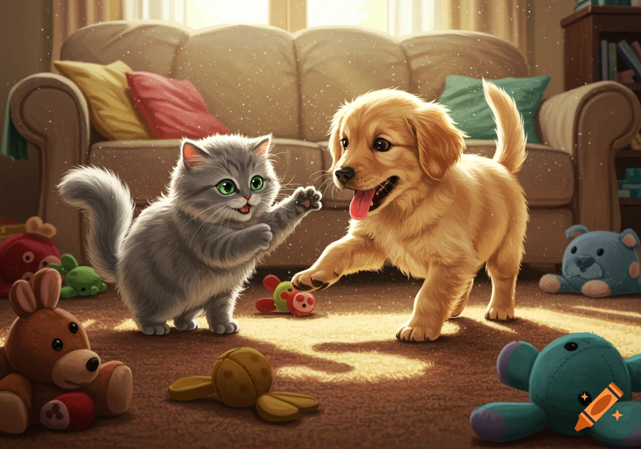 A fluffy gray kitten with green eyes and a golden retriever puppy play on a sunlit rug surrounded by plush toys, in a cartoon style.