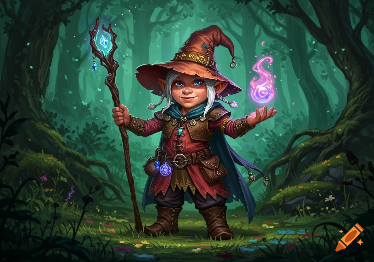 A smiling gnome wizard in a pointed hat and robes holds a glowing staff and casts a pink spell in a magical forest.