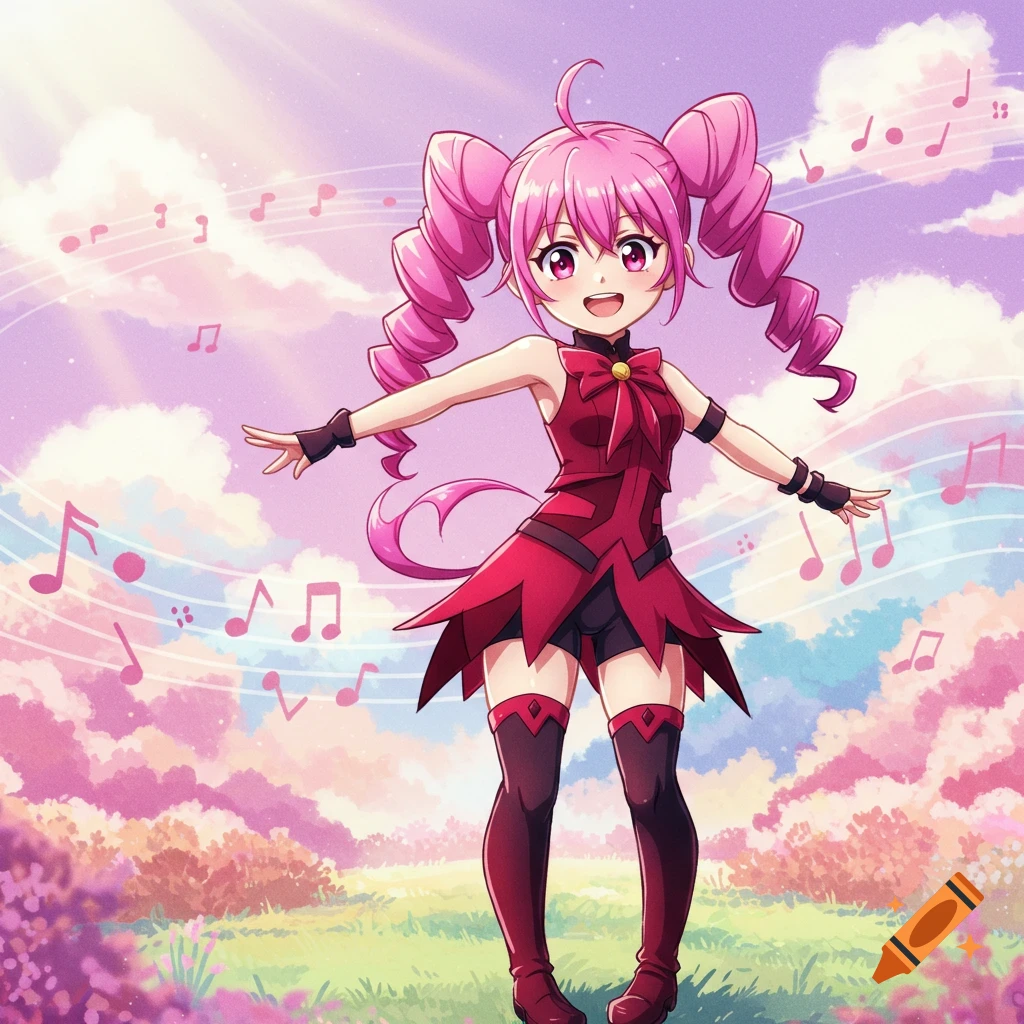 An anime girl with pink twintails and a red outfit poses in a field under a sky with musical notes.