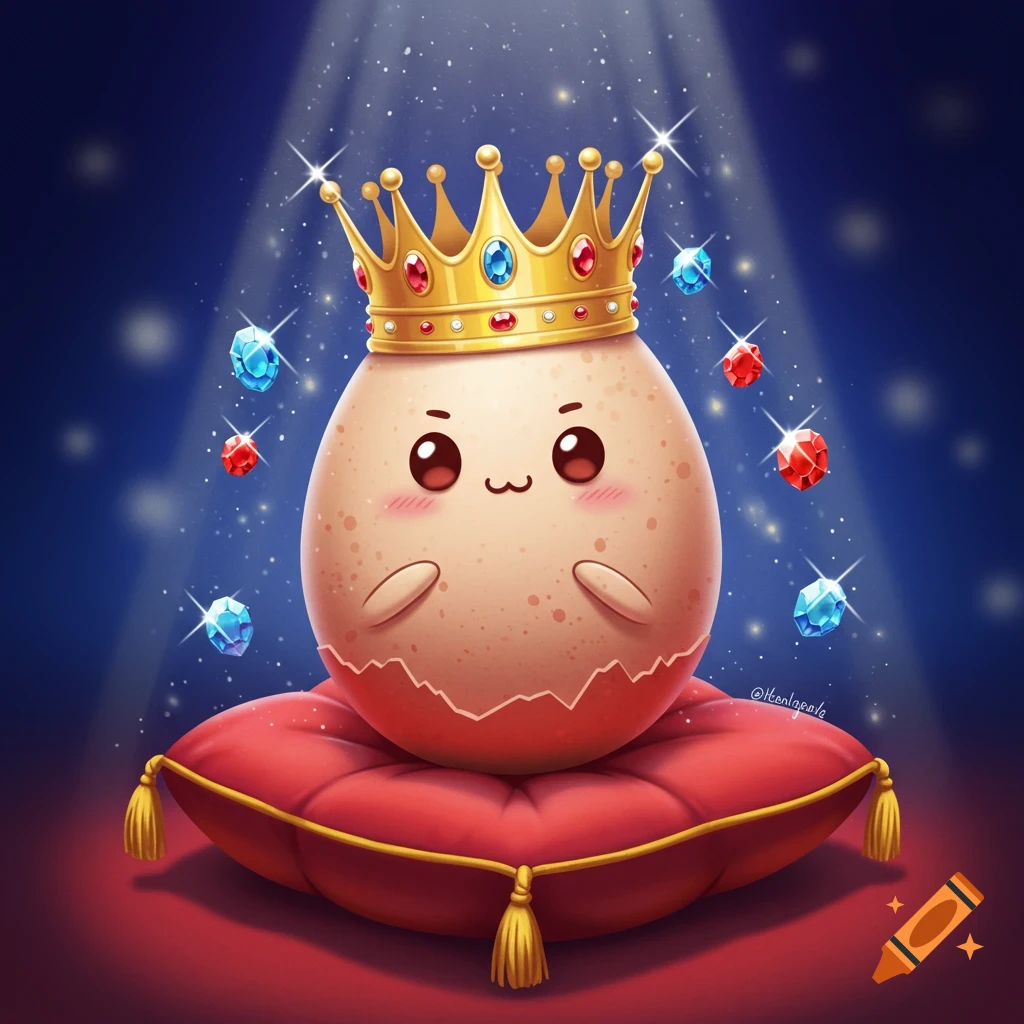 A cute, smiling cartoon egg wearing a golden crown and sitting on a red velvet pillow, with sparkling gems floating around on a dark blue background.