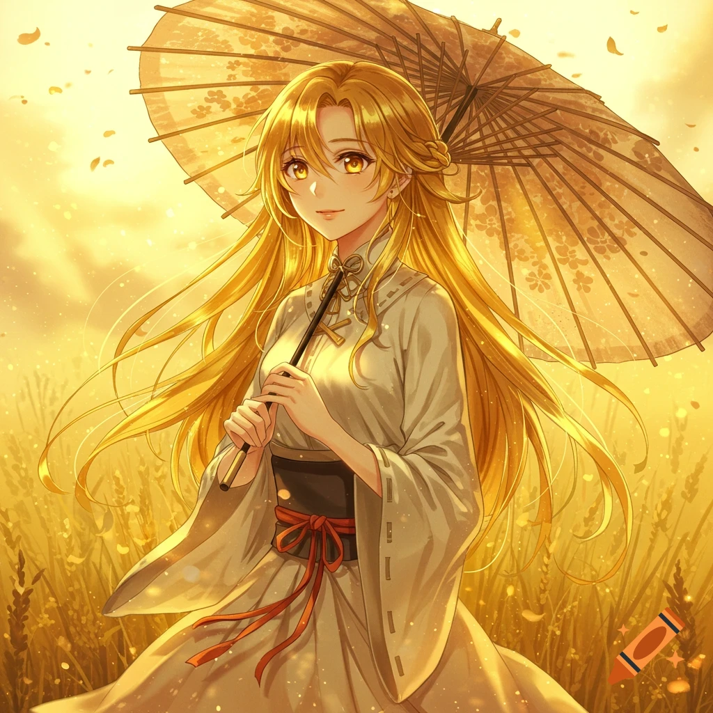 An anime woman with long golden hair holds a parasol in a sun-drenched golden field, looking gently forward.