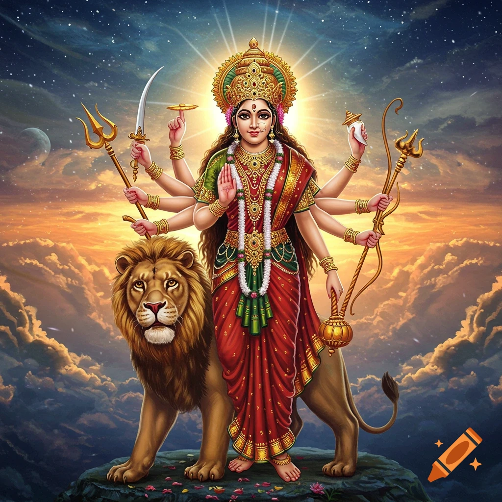 Multi-armed Hindu goddess Durga, in red and gold, stands on a majestic lion against a vibrant sunset and starry sky.