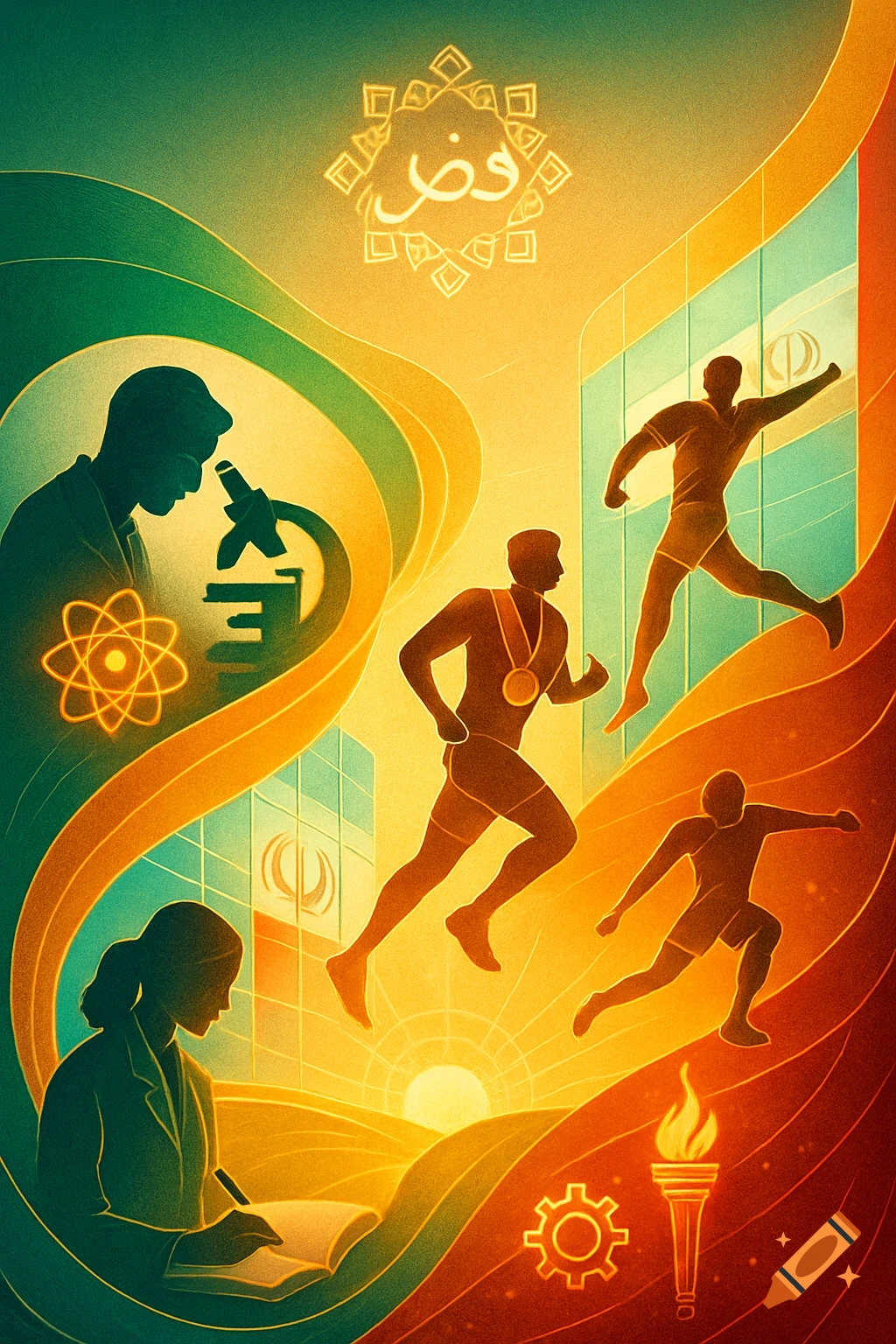 Abstract poster in green, gold, and red, showing silhouettes of scientists, athletes, and symbols like an atom, microscope, medal, and torch.