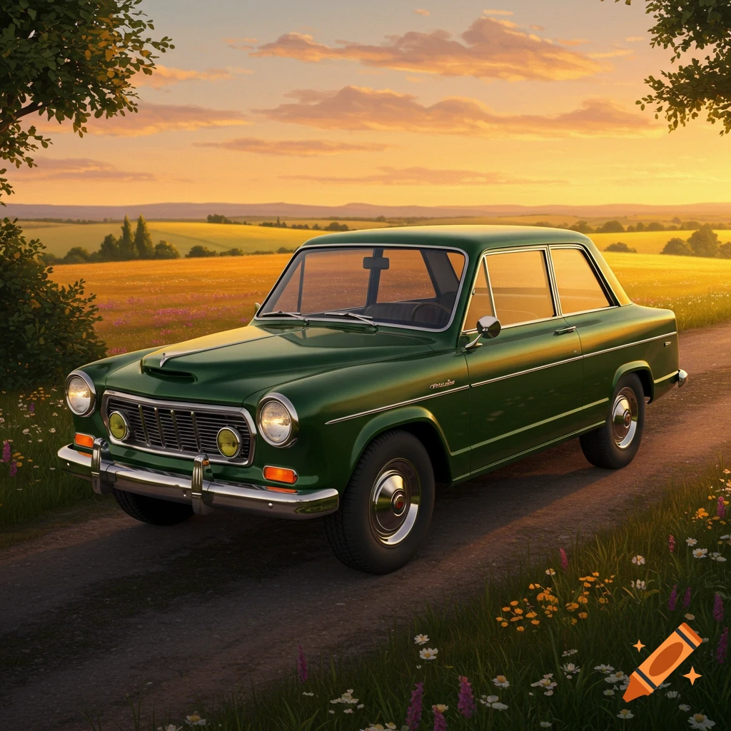 A green vintage car is parked on a dirt road in a field with wildflowers under a beautiful sunset sky.