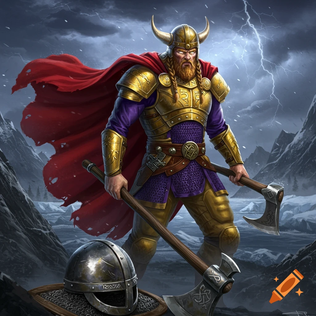 A powerful Viking warrior in golden armor and a red cape stands in a stormy, snowy mountain landscape, holding two axes. An iron helmet rests on the ground.