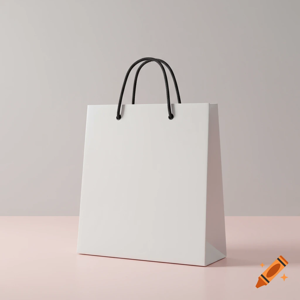 A realistic white shopping bag with black rope handles stands upright on a pastel pink surface with a light gray wall background.