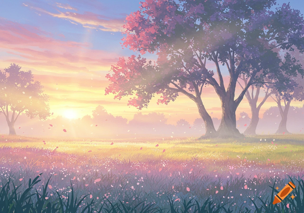 Anime-style landscape at sunrise with pink flowering trees, a field of grass, and scattered petals.