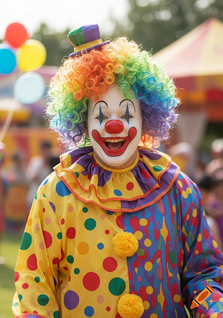 A smiling clown with a rainbow wig, colorful polka-dot costume, and painted face stands outdoors at a circus with blurred balloons.