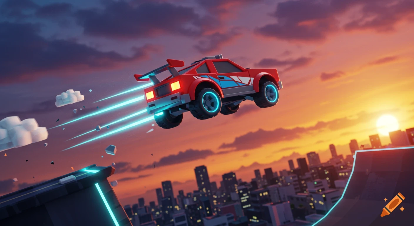 A stylized red car with glowing blue wheels jumps off a ramp over a city at sunset.
