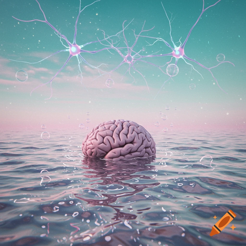 A pink brain floats in calm water under a pastel pink and teal sky with glowing purple neurons and bubbles. Surreal conceptual art.