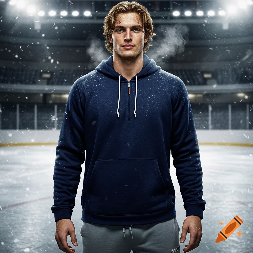 A man with blonde hair and green eyes stands confidently in a navy hoodie on an ice rink, with snow falling around him.