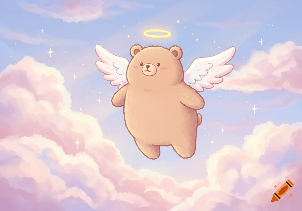 A cute cartoon angel bear with a halo and wings floats among pink and white clouds in a blue sky.