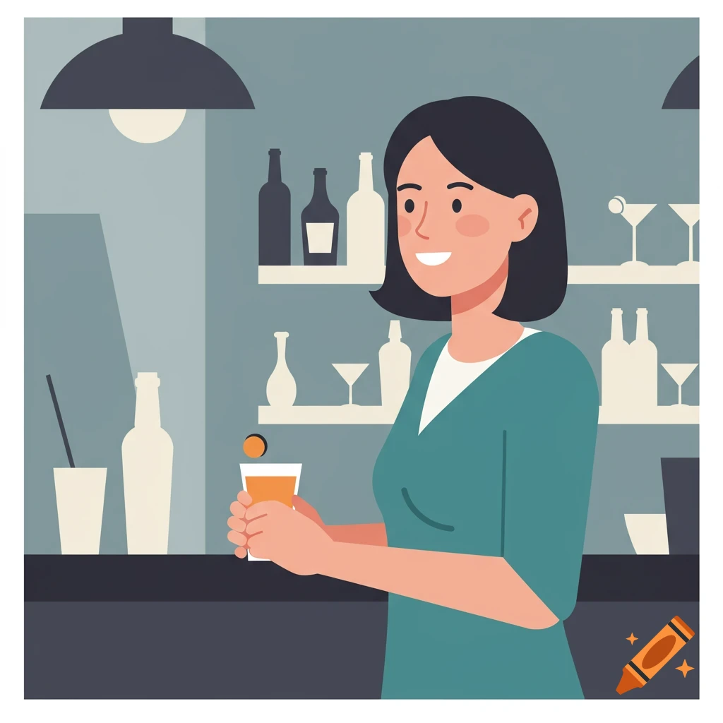 A flat illustration of a smiling woman holding a drink at a bar counter with bottles and glasses on shelves in the background.