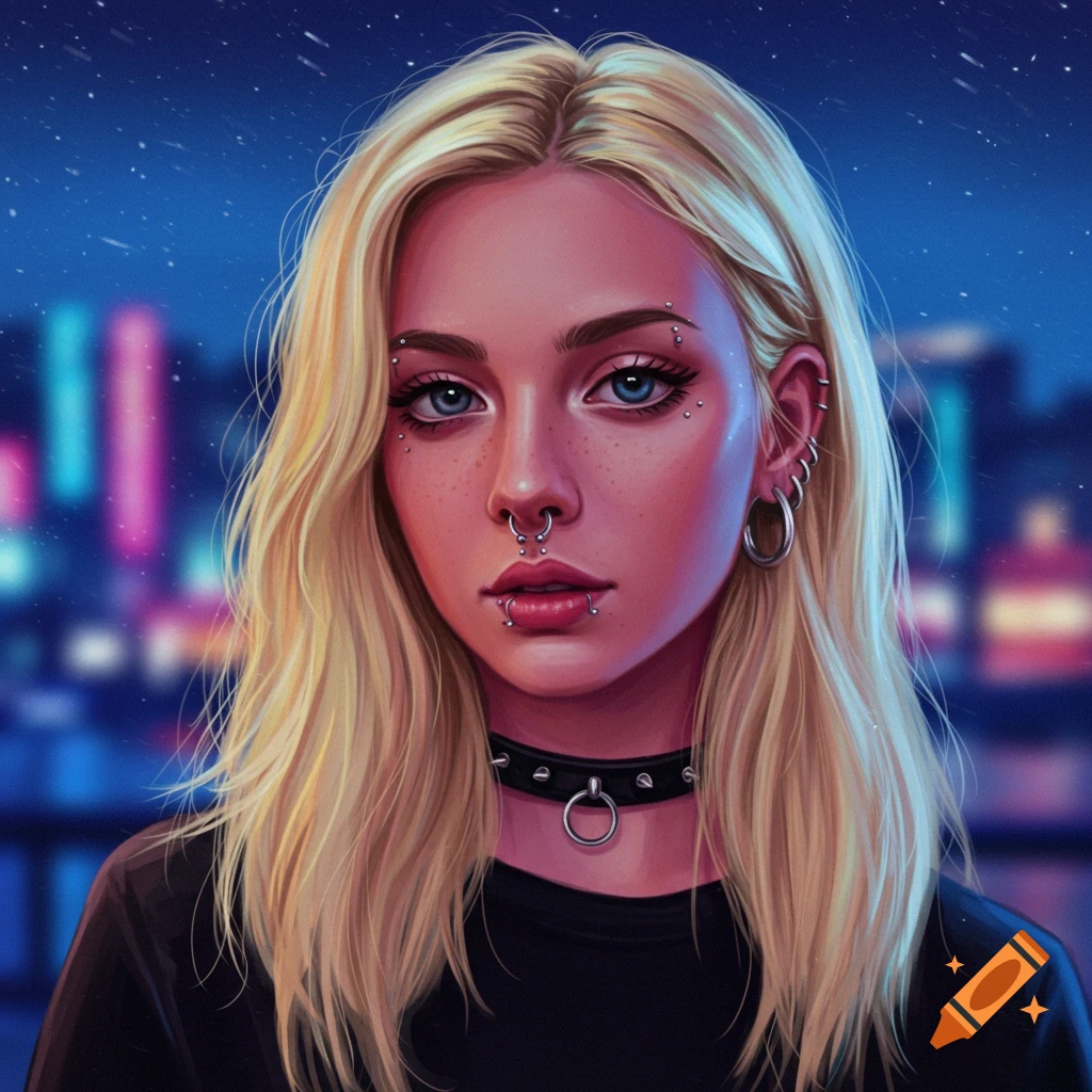 A digital art portrait of a young blonde woman with blue eyes, numerous facial and ear piercings, a black choker, and a black top, against a blurred city night sky.