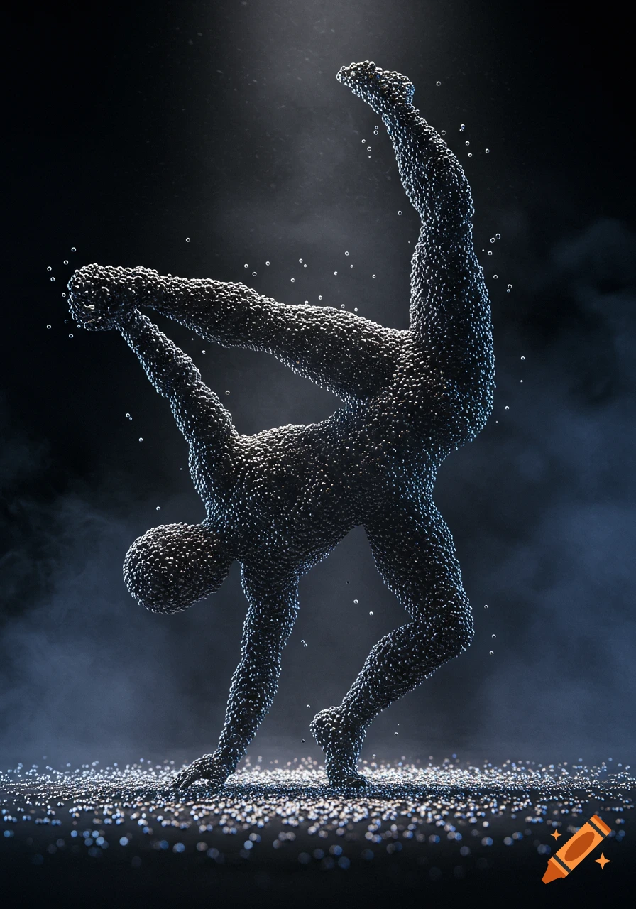 Dynamic breakdancer figure made of dark iron beads striking a pose in a misty, dark environment with scattered beads.