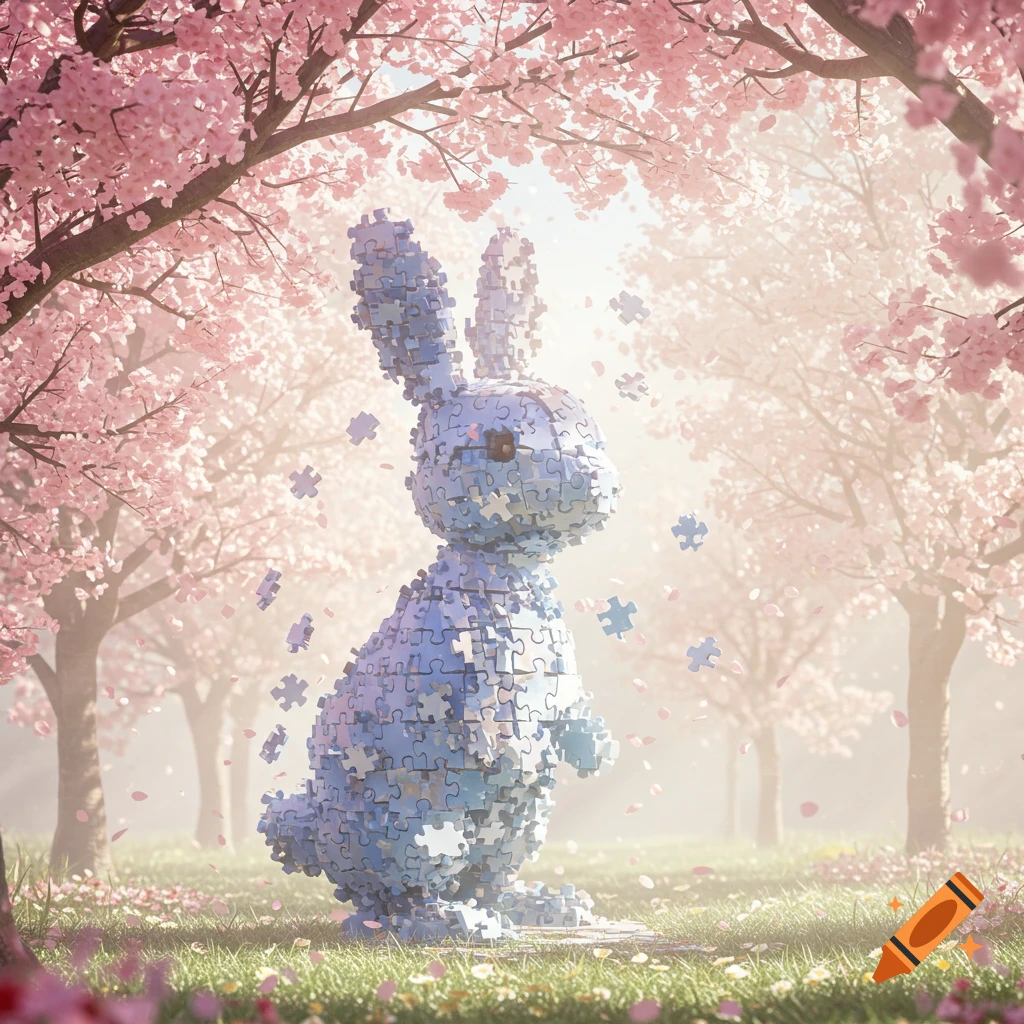 A blue bunny made of puzzle pieces stands in a sunny, pink cherry blossom forest with falling petals.