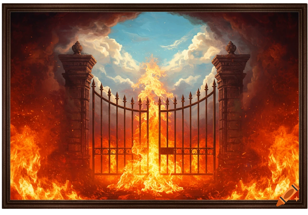 A dramatic painting of a large, ornate iron gate between stone pillars, engulfed in raging fire below a bright, cloudy sky.