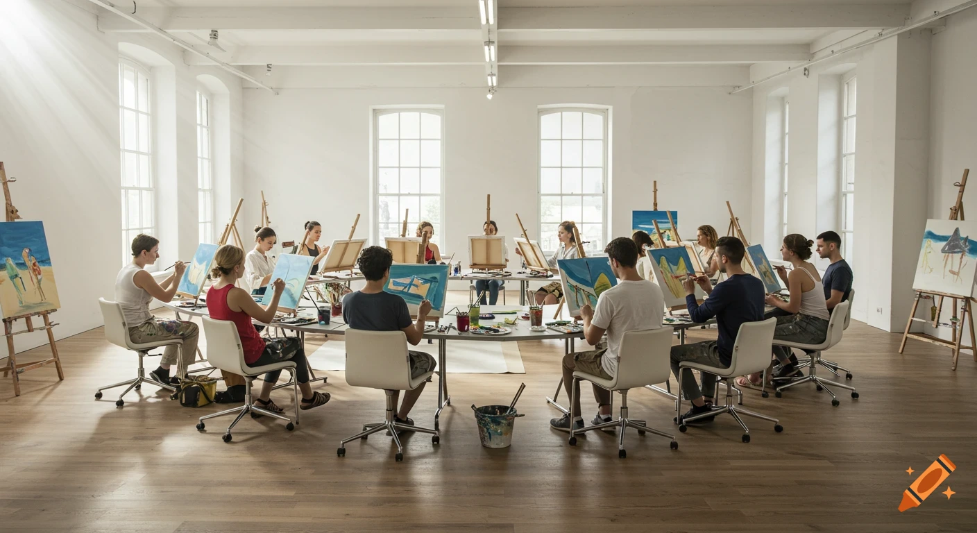 A group of people are seated around a long table in a bright art studio, painting on canvases on easels.