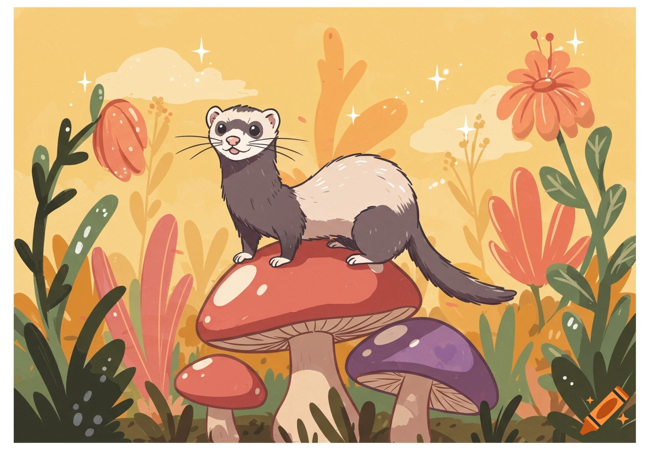 A cartoon ferret with dark brown and white fur stands on a large red mushroom in a whimsical, stylized forest with colorful plants and other mushrooms.