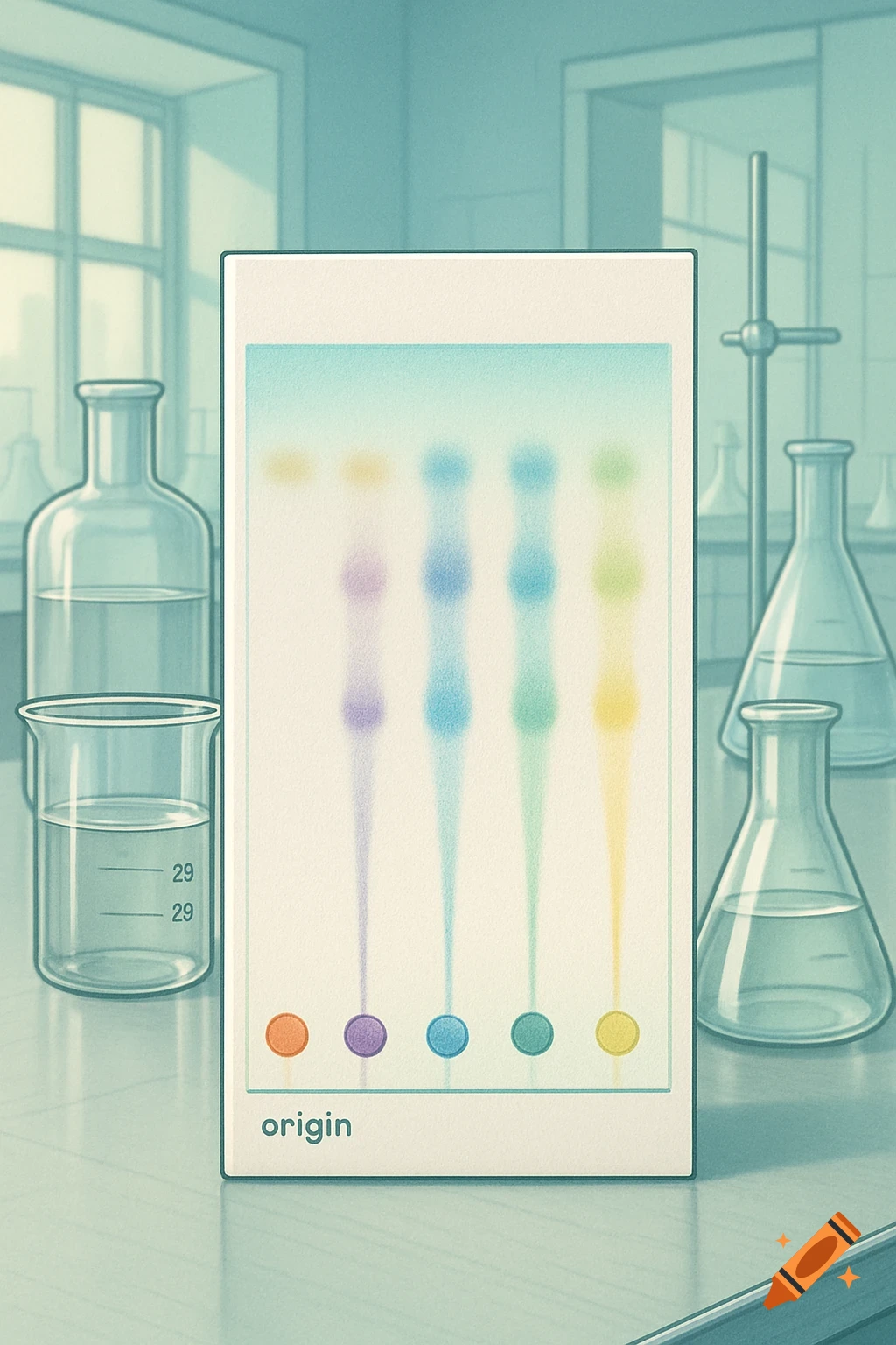 An illustrated chromatography plate showing colored spots separating, surrounded by beakers and lab equipment in a science laboratory.