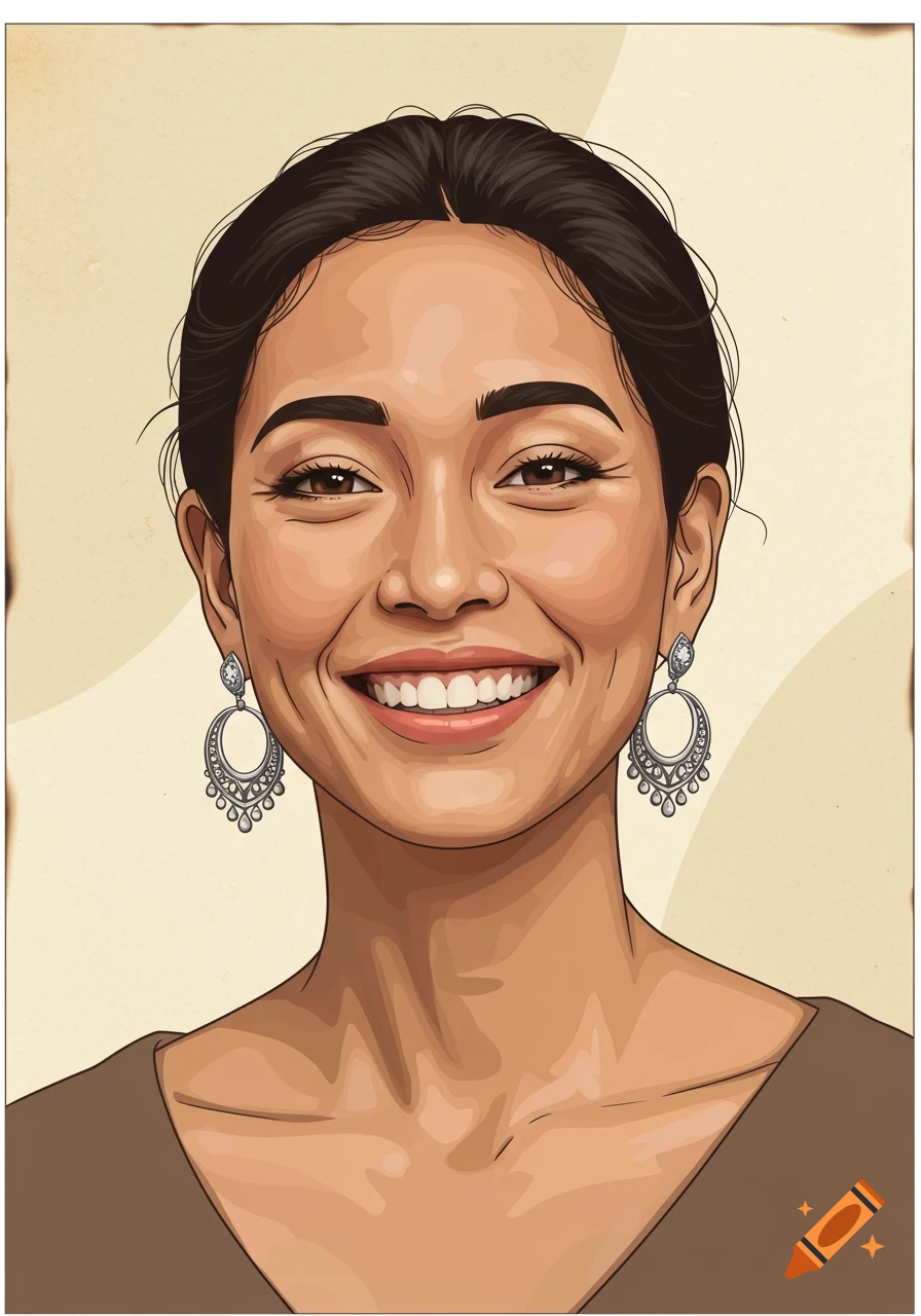 Hand-painted etching of a smiling woman with dark hair, ornate silver earrings, against a textured parchment background.