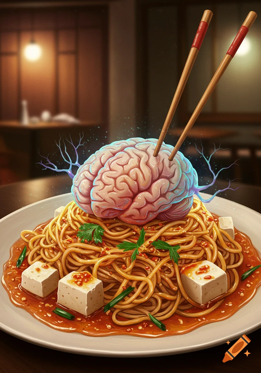 A stylized human brain with glowing tendrils served on a plate of spaghetti with tofu and chopsticks in a restaurant setting.