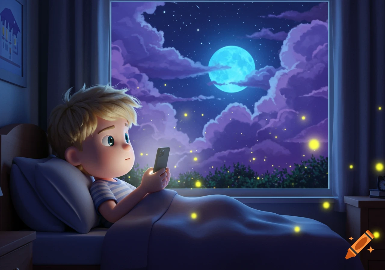A Pixar-style blonde cartoon boy sits in bed, looking at his glowing phone, while a blue moon, purple clouds, and fireflies illuminate the night sky outside the window.