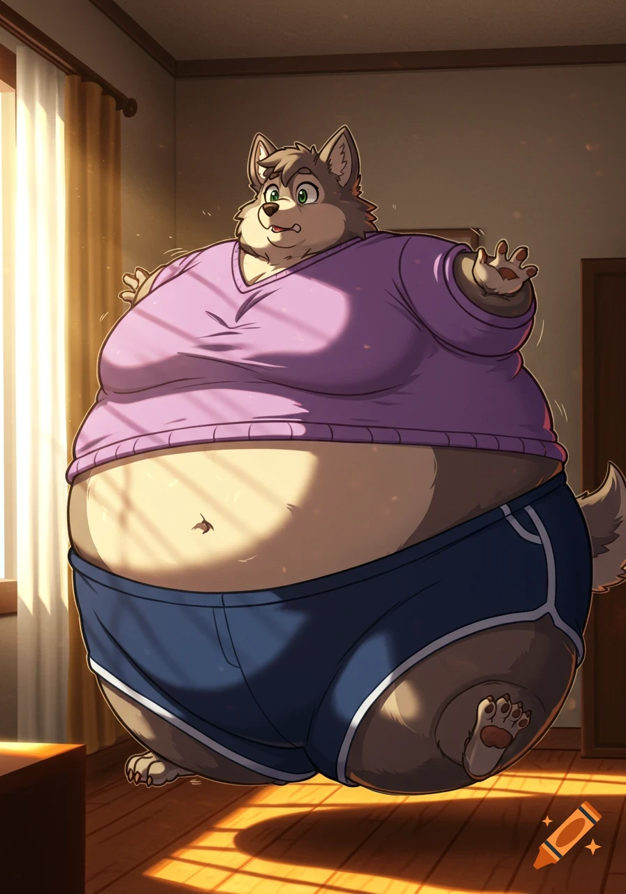 A cartoon illustration of an inflated anthropomorphic wolf woman in a lavender sweater and blue shorts, standing in a sunlit bedroom.
