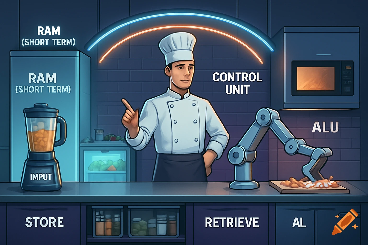 A cartoon chef in a kitchen explains computer components as a kitchen analogy, with labels like RAM, Input, Control Unit, ALU, Store, and Retrieve.