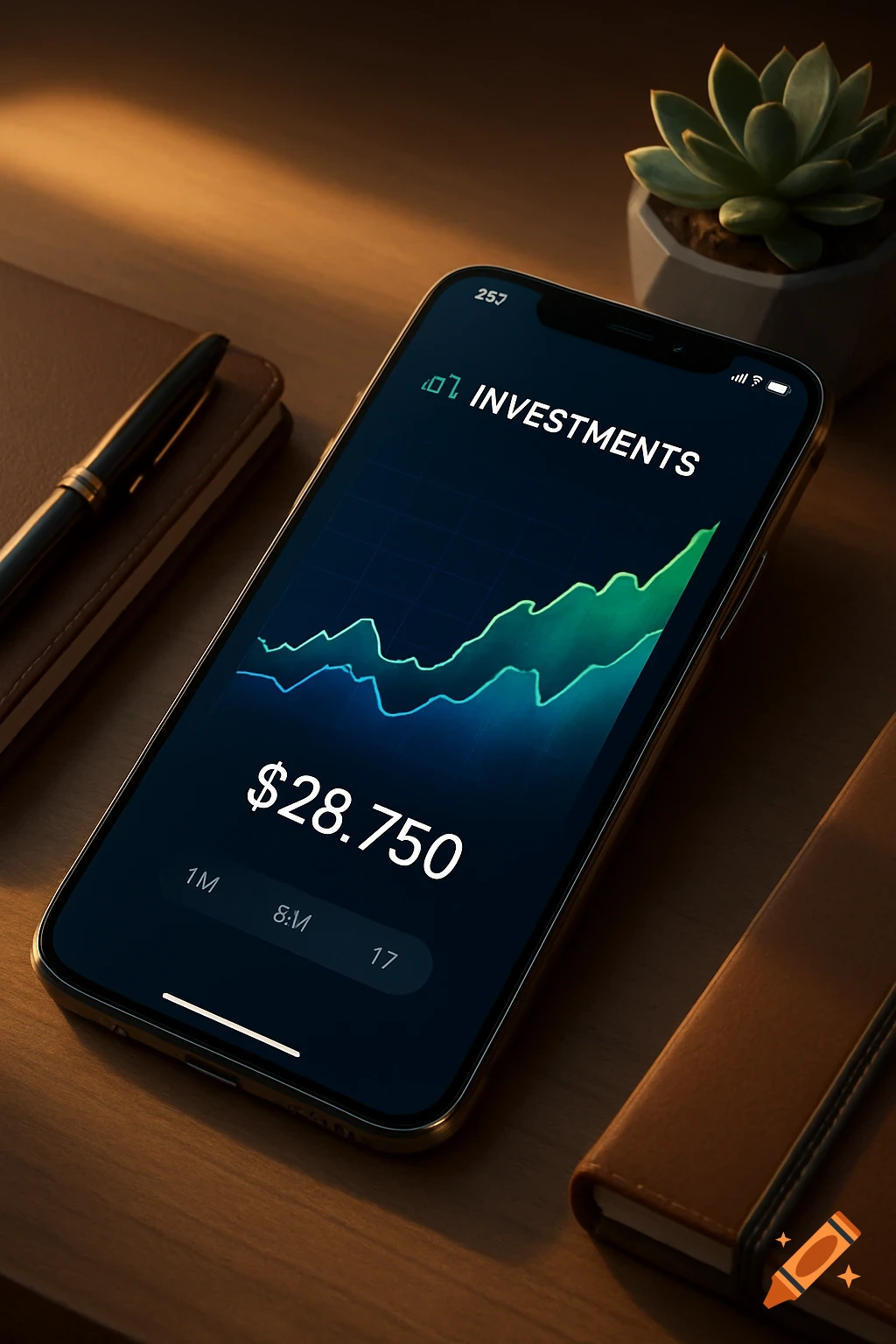 A smartphone displays a financial investment app with a green rising graph and a balance of $28,750 on a wooden desk.