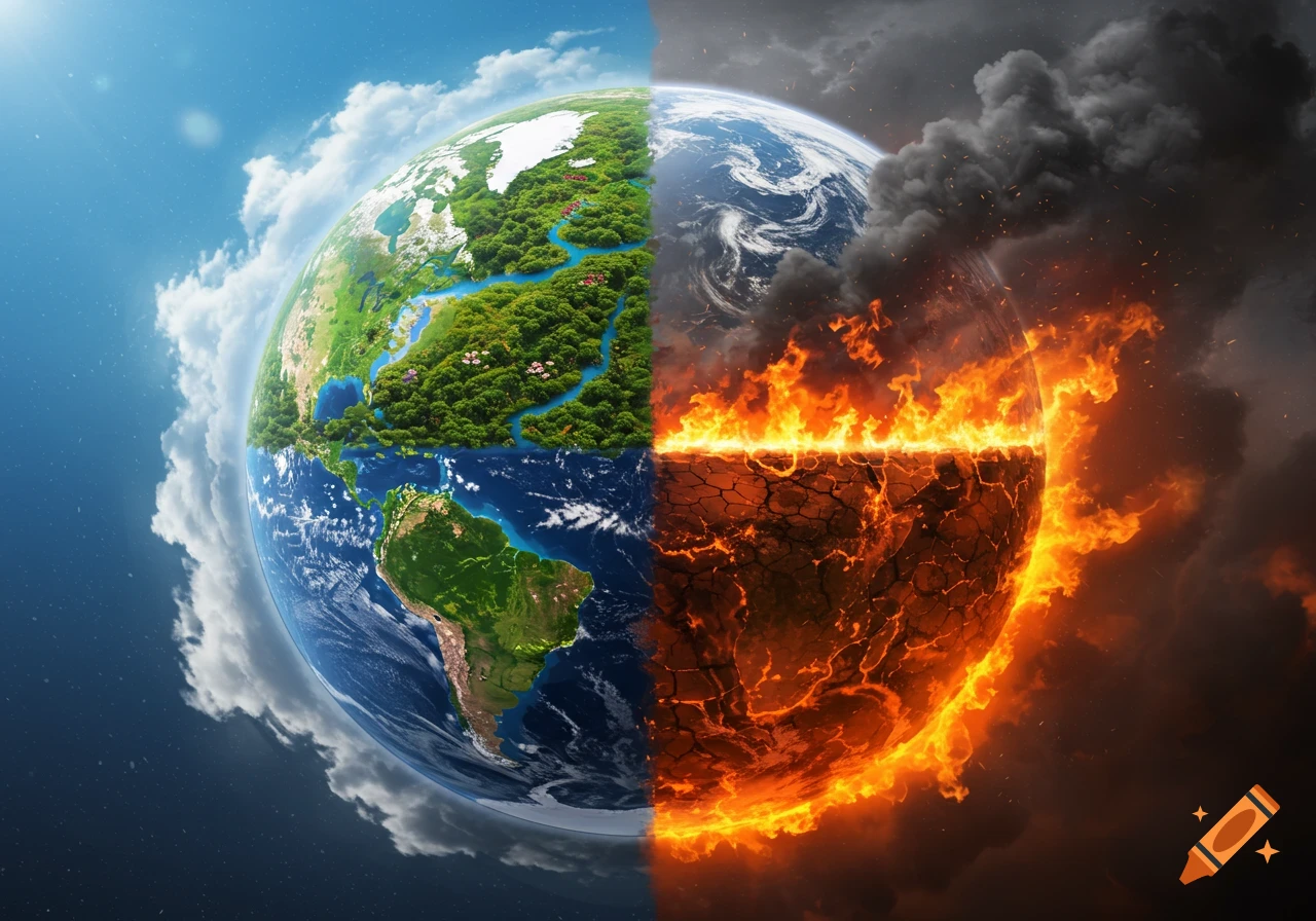 Half of Earth is lush and vibrant with green lands and blue oceans; the other half is cracked, burning, and engulfed in smoke.