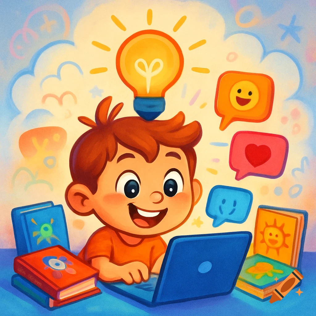 A happy cartoon kid uses a laptop, surrounded by books, chat bubbles with emojis, and a glowing lightbulb for ideas.