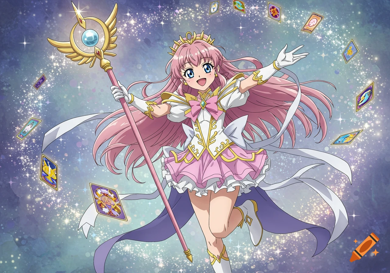 A pink-haired magical girl in a white and pink dress holds a staff, surrounded by flying cards and sparkling stars in an anime style.