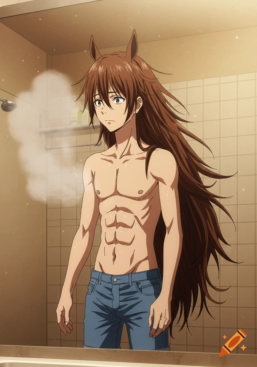 An anime-style male character with long brown horse hair and ears, shirtless and wearing jean shorts, stands in a steamy bathroom.