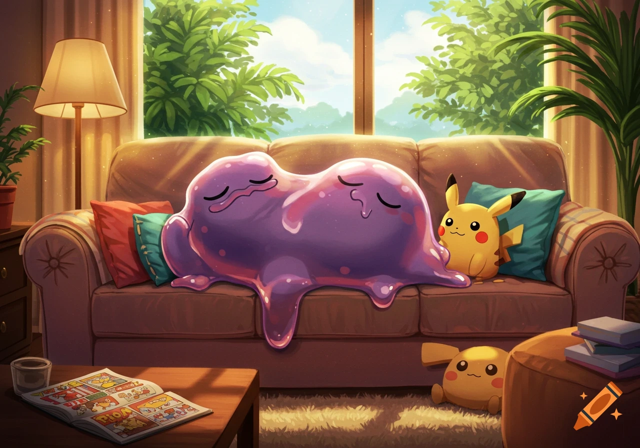 Muk, a purple slime-like Pokemon, is melting and sleeping on a brown couch next to a sitting Pikachu plush toy, in a cozy, sunlit room.