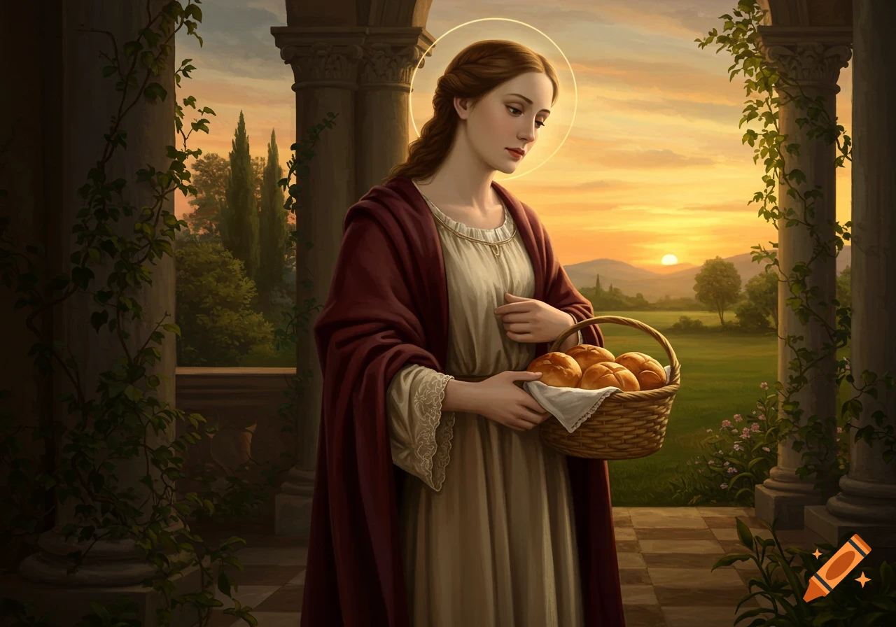 A renaissance-style painting of a woman with a halo holding a basket of bread in a portico at sunset.