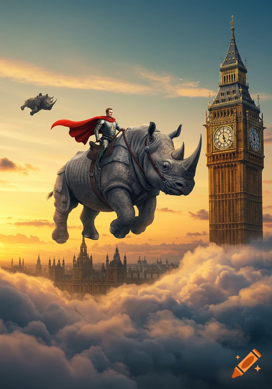 A knight in armor with a red cape rides a flying rhinoceros over a cloudy London skyline with Big Ben at sunset, another rhino flies in the distance.