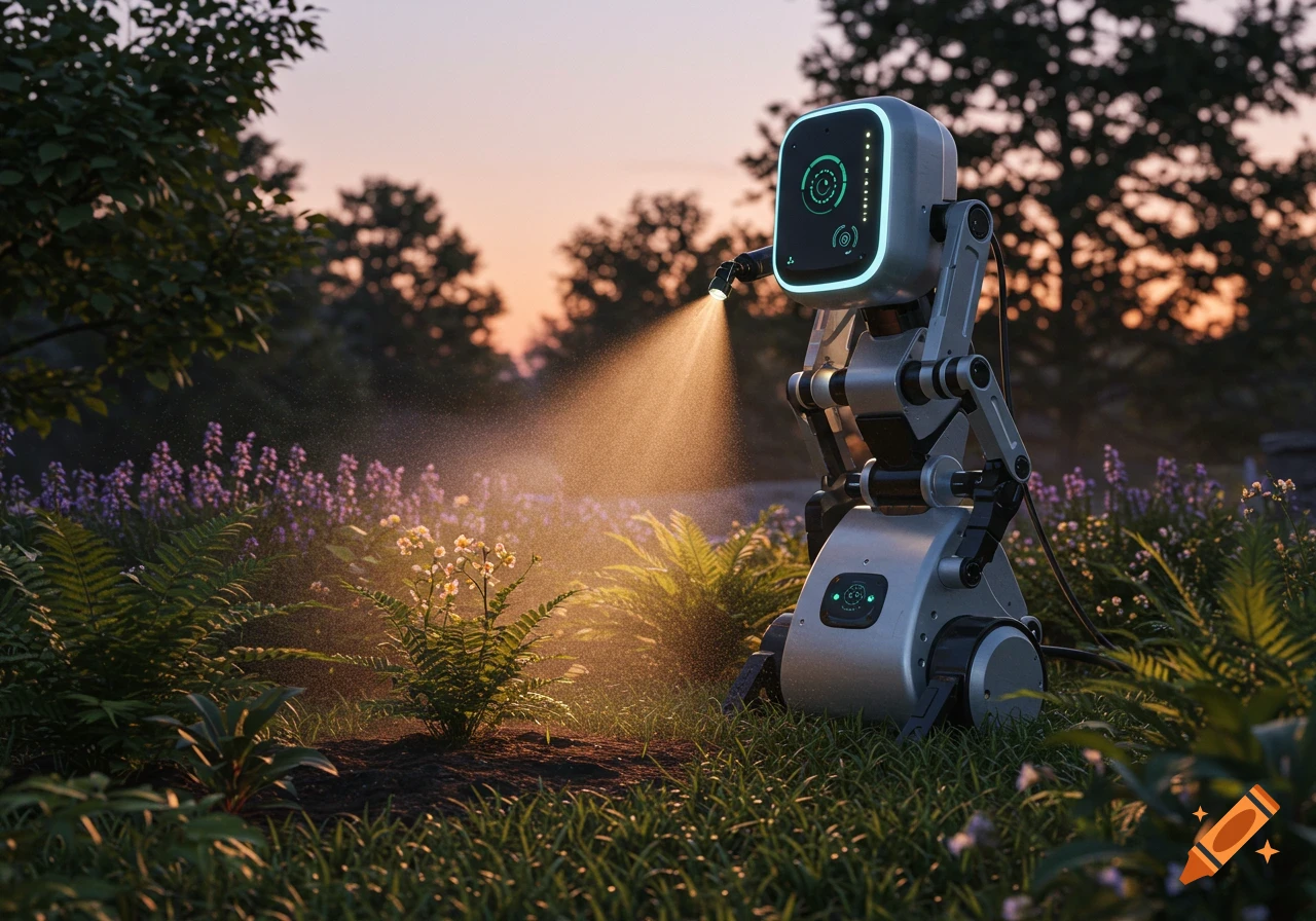 A futuristic robot with glowing screens sprays water onto plants in a lush garden at sunset, with purple flowers and trees in the background.