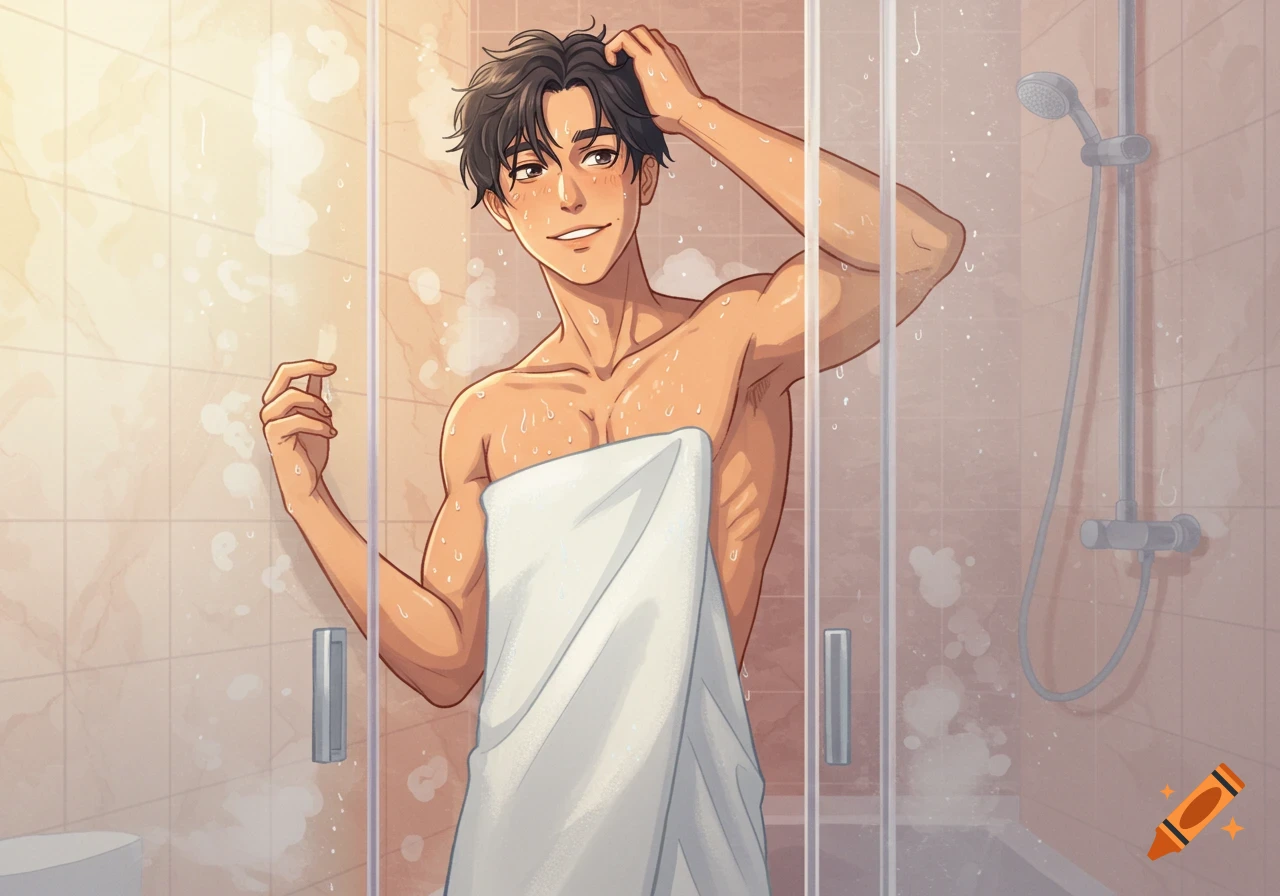 An athletic, smiling man with dark hair, wet and wrapped in a white towel, stepping out of a shower in a cartoon anime style.
