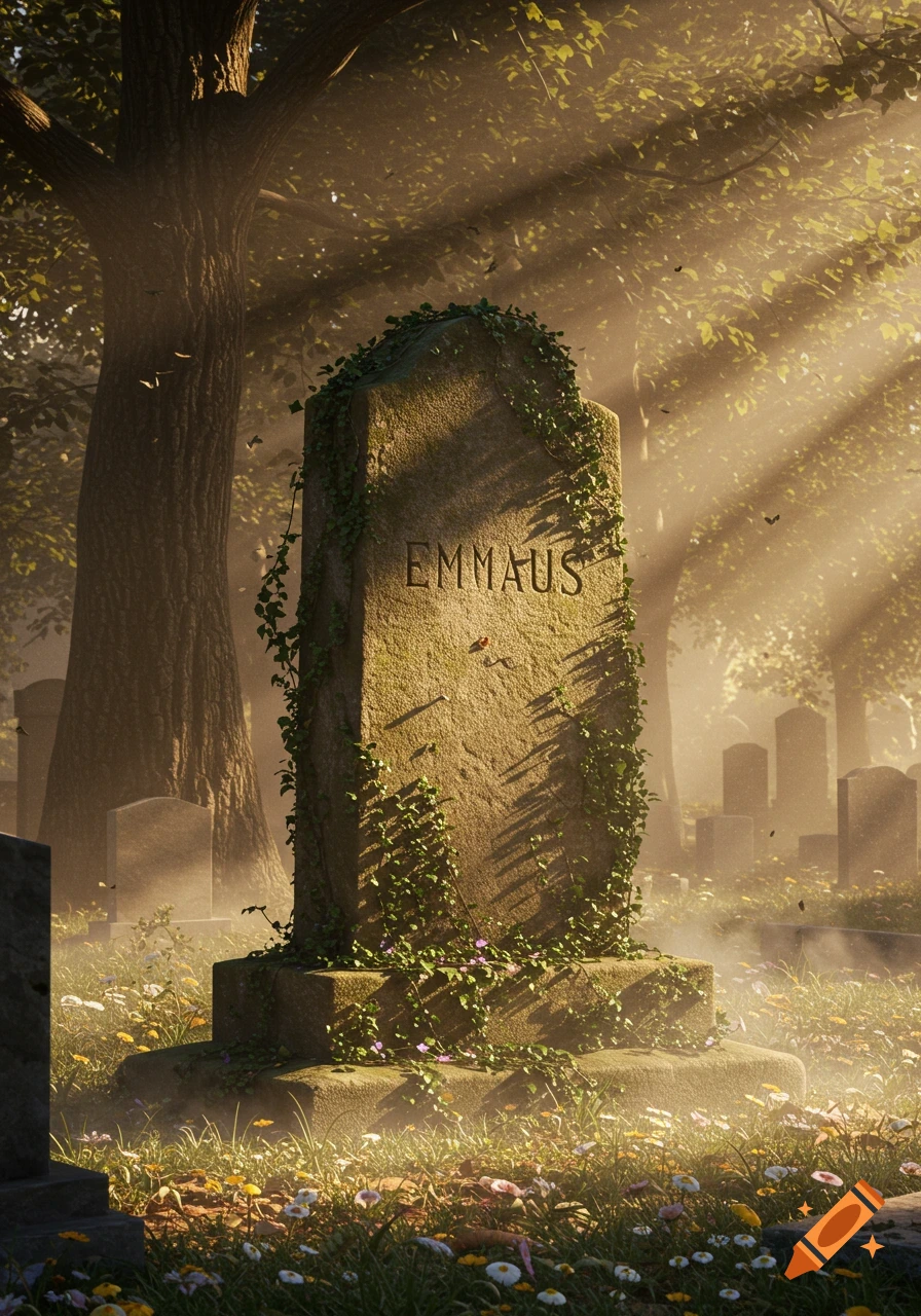 Photorealistic image of an old, ivy-covered tombstone with "EMMAUS" carved on it, bathed in sun rays in a wildflower-filled cemetery.
