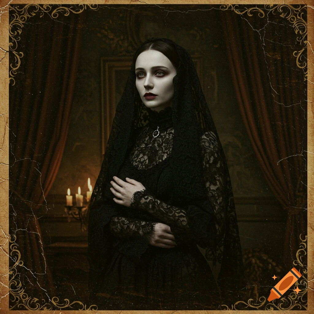 Solemn Victorian woman in black lace mourning dress and veil, candlelight, dark manor. Gothic oil painting style with ornate, cracked frame.