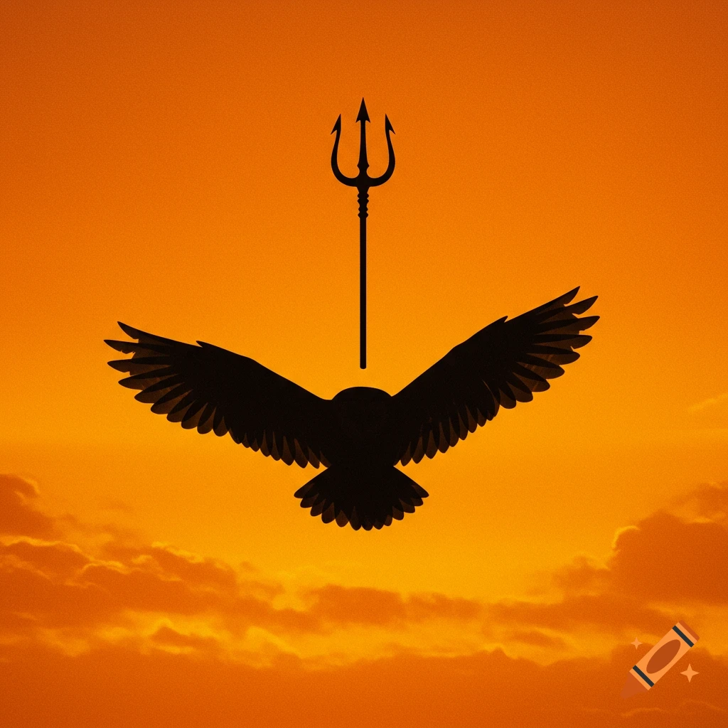 Black silhouette of an owl flying with a trident above it against an orange and yellow sunset sky.