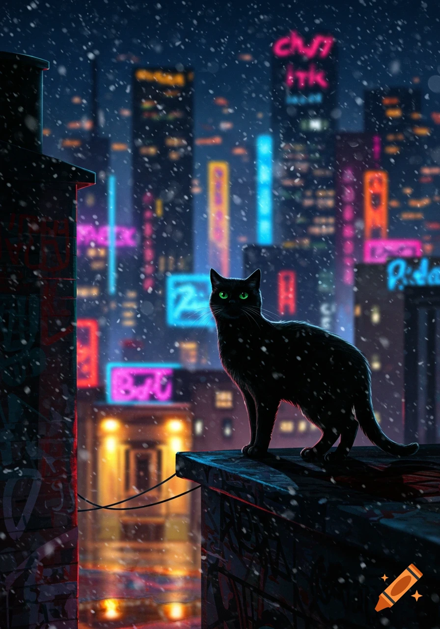 A black cat with green eyes stands on a snowy rooftop, overlooking a vibrant neon-lit cityscape at night.