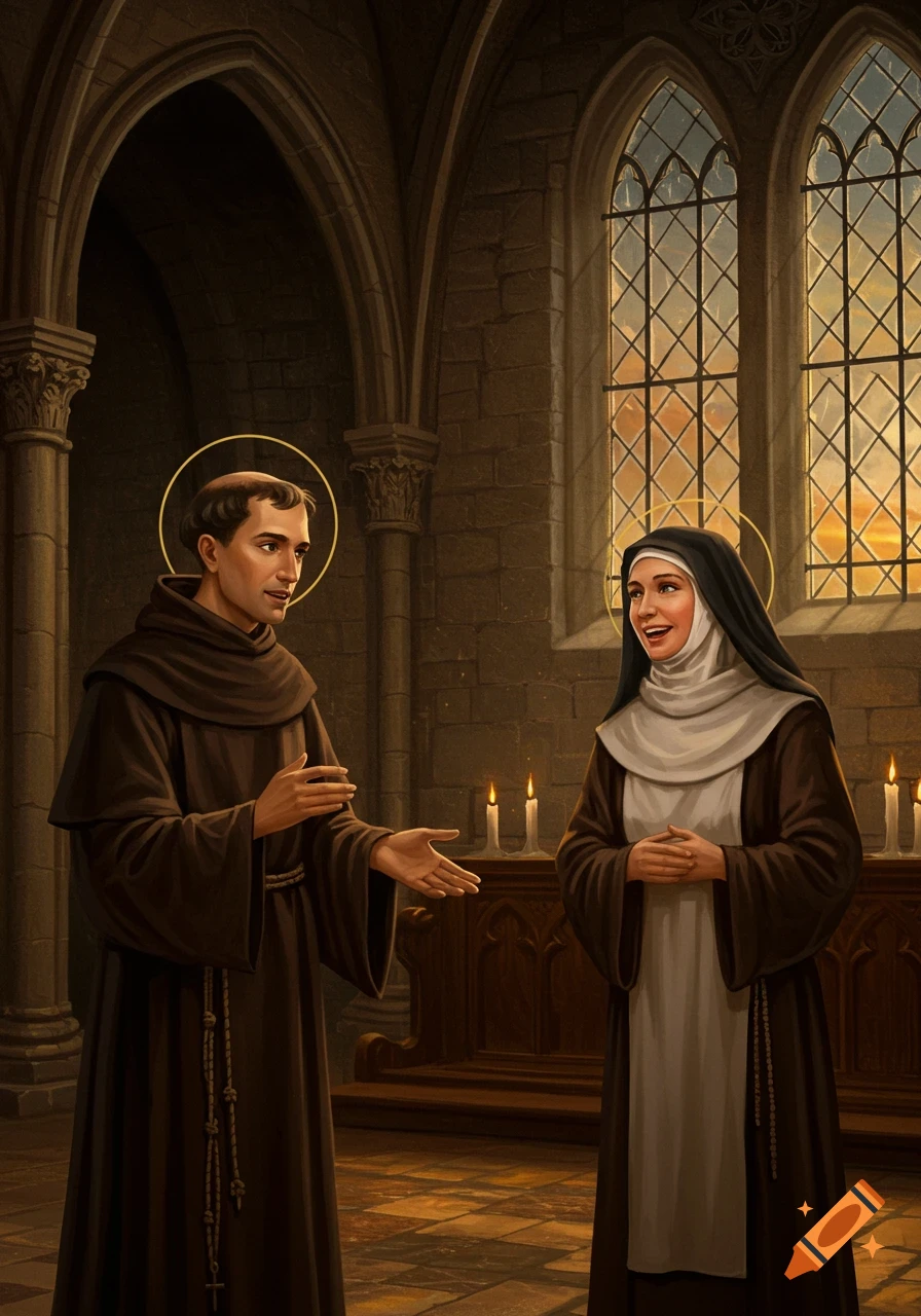 A male friar and a female nun with halos converse in a dimly lit gothic church with stained glass windows, painted in a classical style.