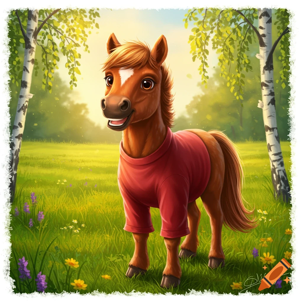 A cute cartoon horse wearing a red shirt smiles in a sunny green field with birch trees and wildflowers.