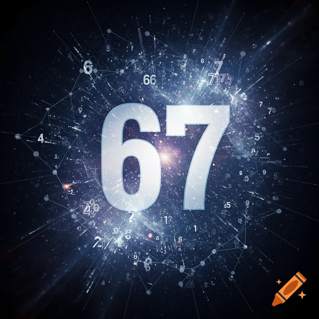 Large, glowing '67' in a digital, abstract blue and white nebula with connected data points.